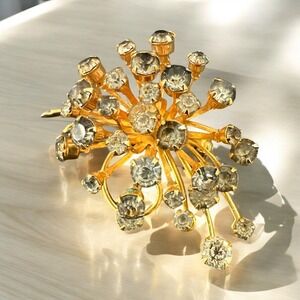 Vintage Gold Tone Brooch Pin‎ Metal Grey Rhinestones 2"
